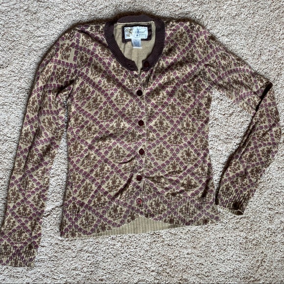 Floral Button Sweater Cardigan Fossil Pink Flowers Brown Top - Picture 2 of 8
